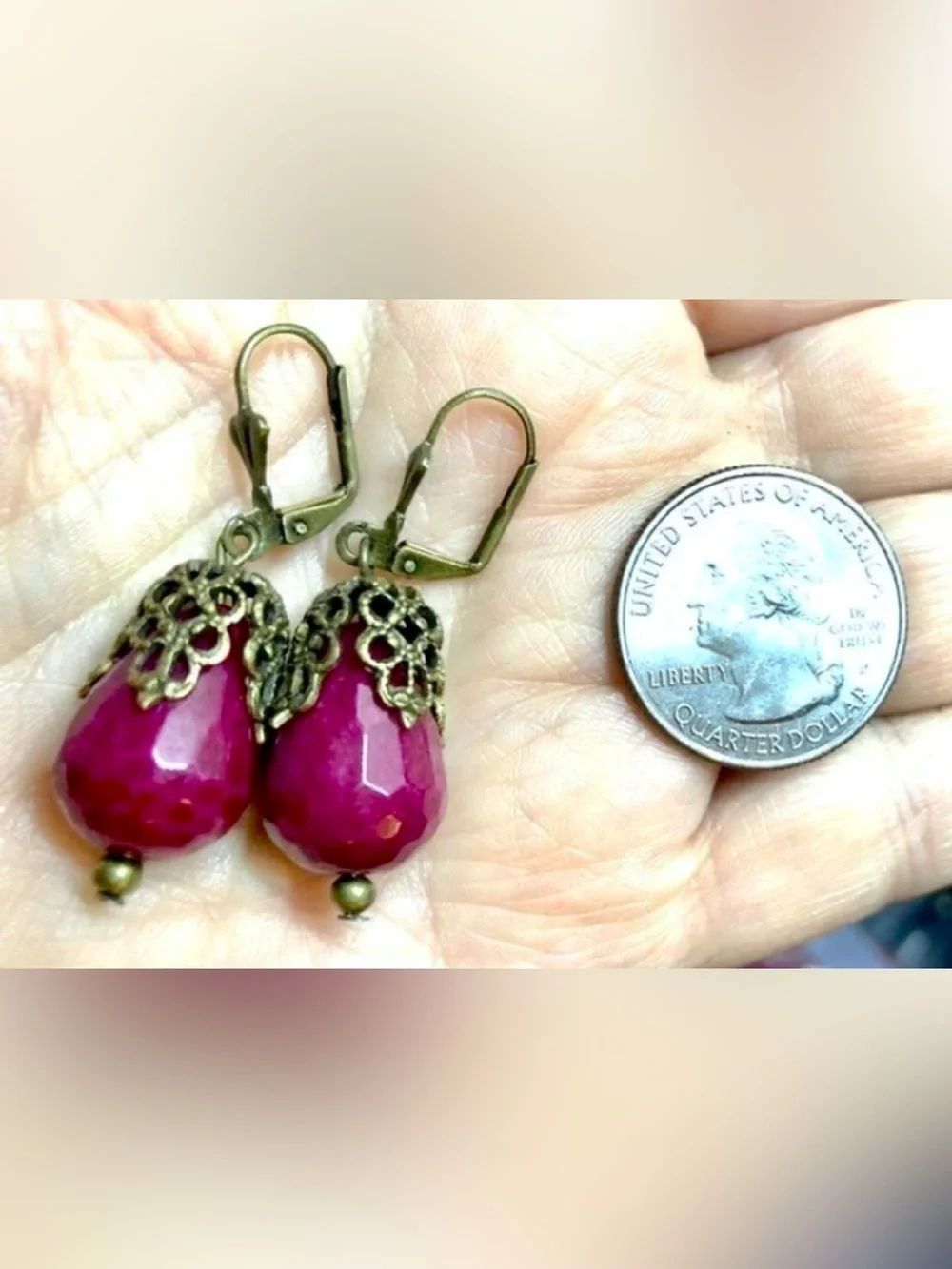 Ruby Jade Stone Faceted Teardrop Ornate Bronze Filigree Lever Back Drop Earrings